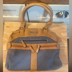 Stone Mountain Denim Canvas and Tan Leather Double Handle Shoulder Bag